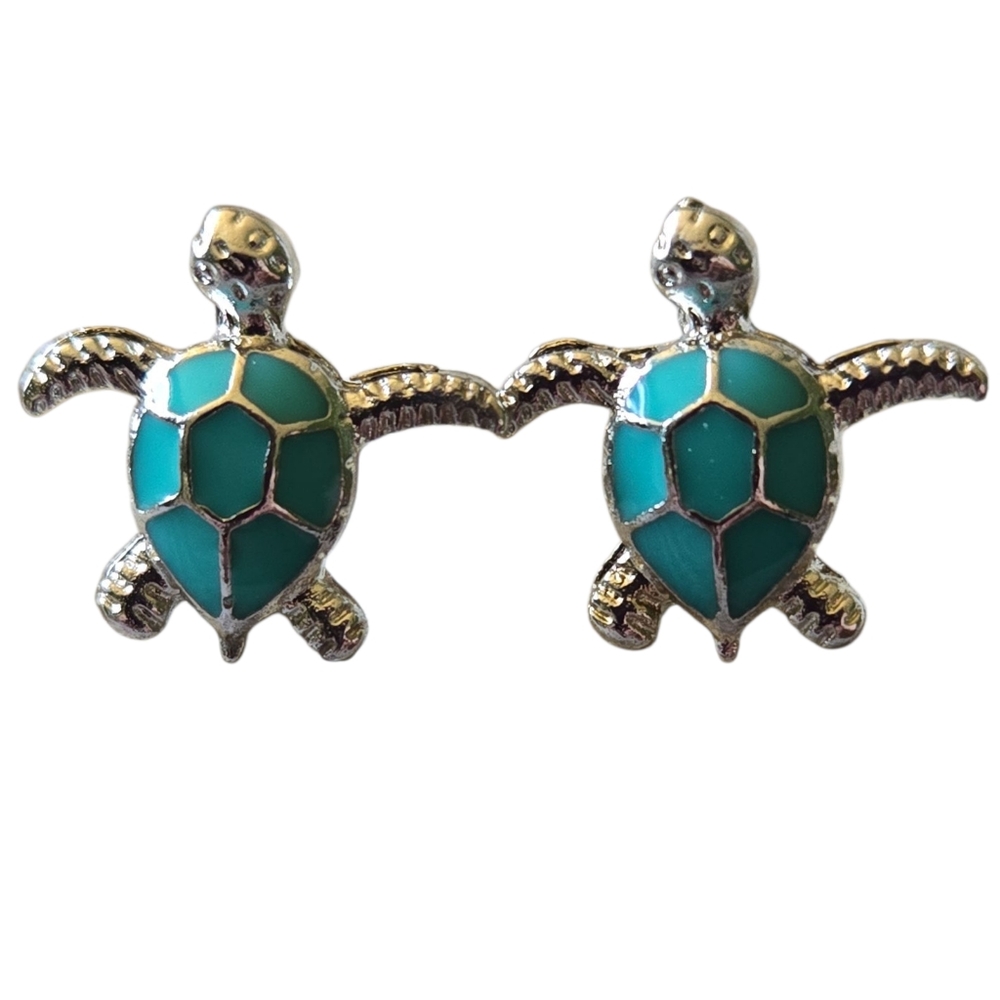 Turquoise Colored and Silver Turtle Earrings - Picture 3 of 3